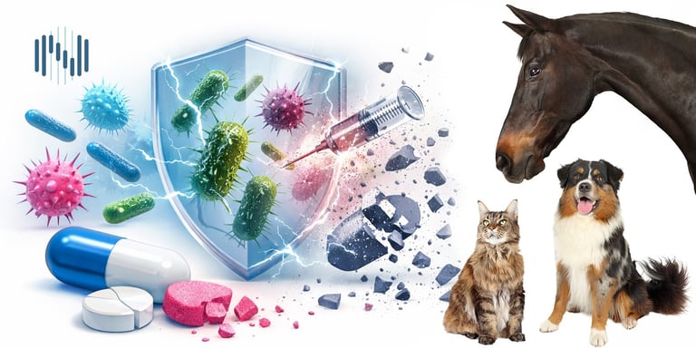 illustration of a broken shield and bacteria, pills and injections. Also a cat, dog and horse
