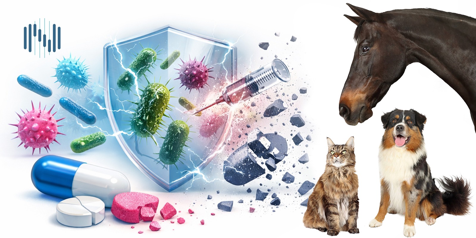 Illustration eines zerbrochenen Schildes und von Bakterien, Pillen und Injektionen. Auch eine Katze, ein Hund und ein Pferd