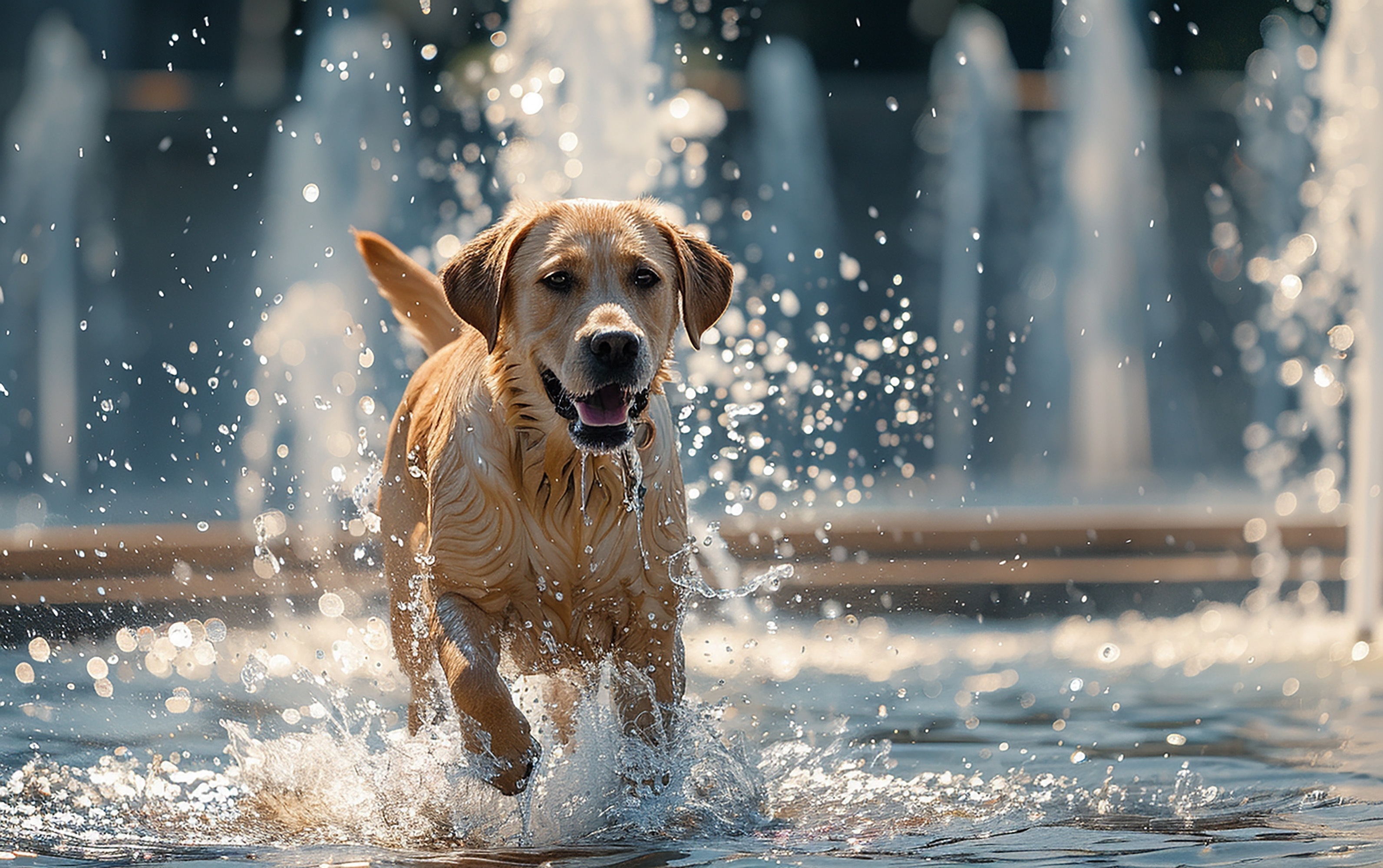 Happy labrador dog splashes in water on a sunny day